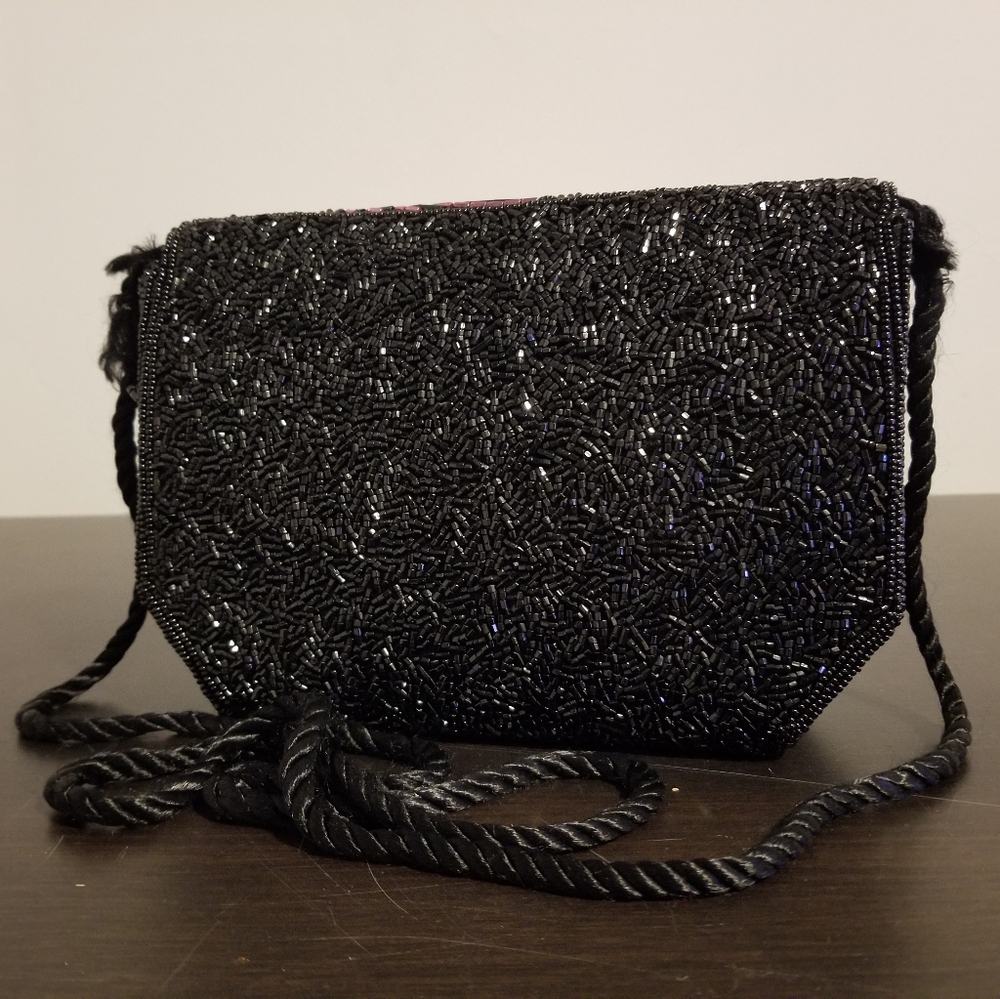 VINTAGE BEADED CLUTCH PROM WEDDING COCKTAIL BLACK TIE EVENING BAG 80S PREPPY VTG - Picture 4 of 9